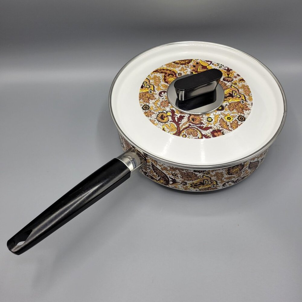 Vintage MCM Prestige Japy Marne Enamel Paisley Floral Sauce Pan w Lid France